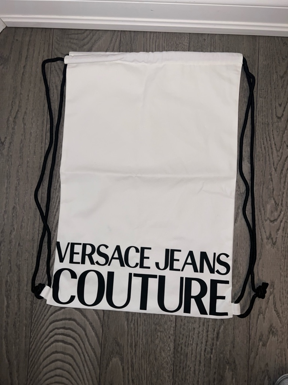 Versace Jeans Collection White Drawstring Backpack with Black Logo